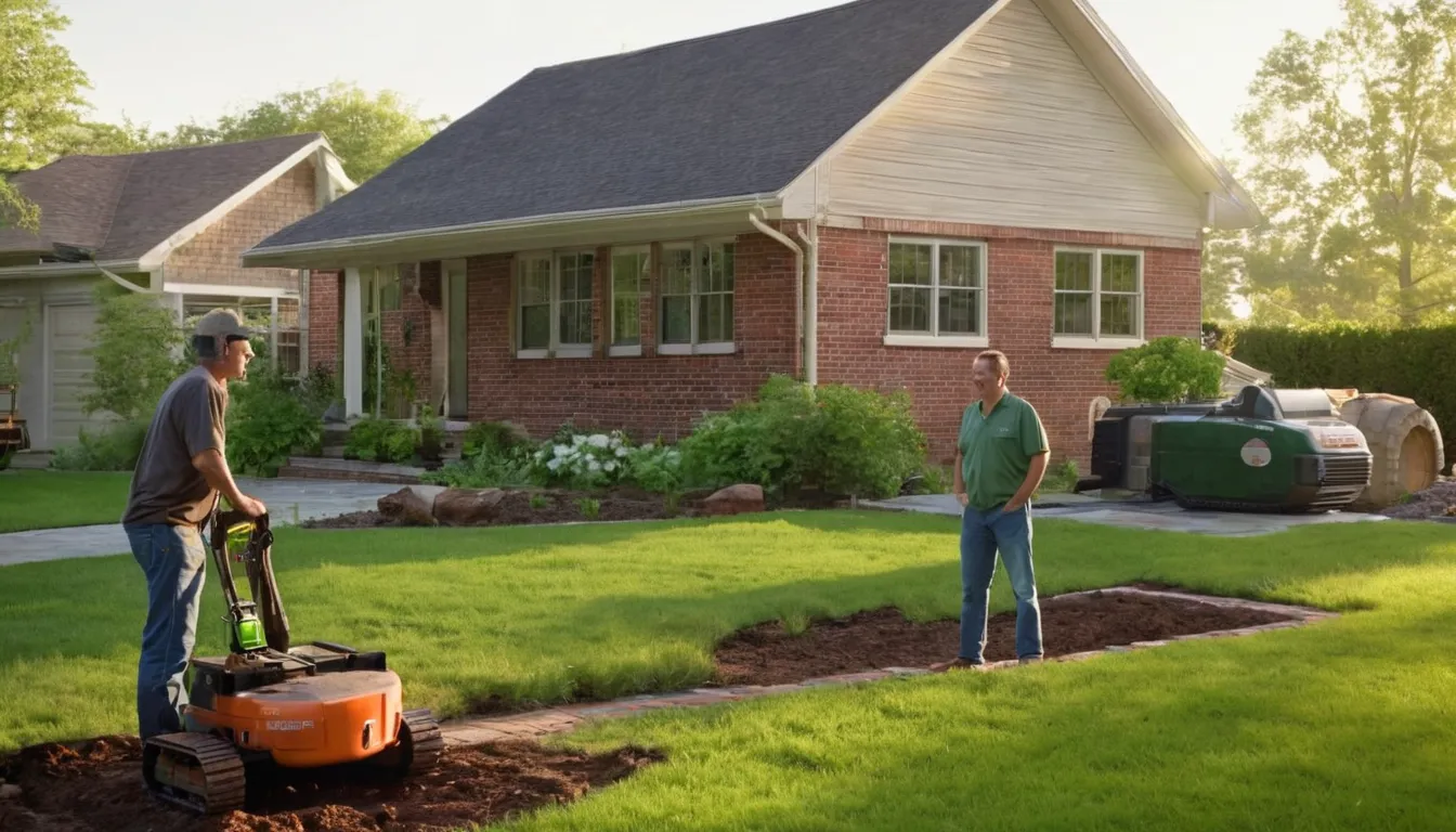 A local septic provider talking with a homeowner beside an older ranch home in the Chesterfield area